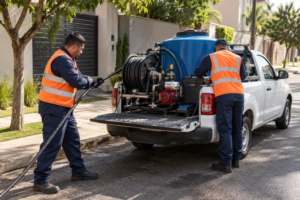 Equipe e veículo da Goiânia Desentupidora