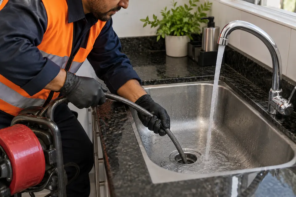 Técnico desentupindo pia de cozinha