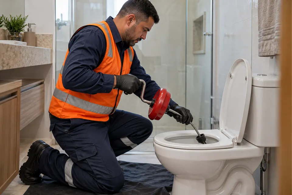 Técnico desentupindo vaso sanitário